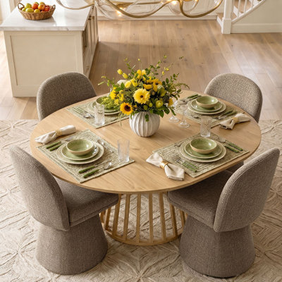 4- Person Dining Table Sets With Extendabe Oval Table & 4 Upholstered Tweed Swivel Chairs