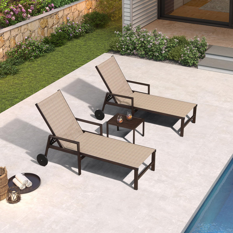 Set of 2 Latitude Run Metal Lounge Chair by Nature PVC-coated polyester with Arms and Table, Light Tan