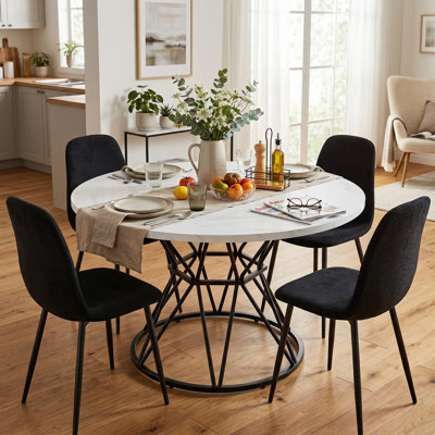 47" Round Dining Table Set For 4, 5-Piece Mid-Century Modern Kitchen Table And Chairs & Linen Chairs, Black Metal Geometric Pedestal Base