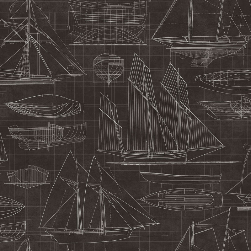 Deauville 2 Nautical Blueprint Wallpaper Roll, Brown/White