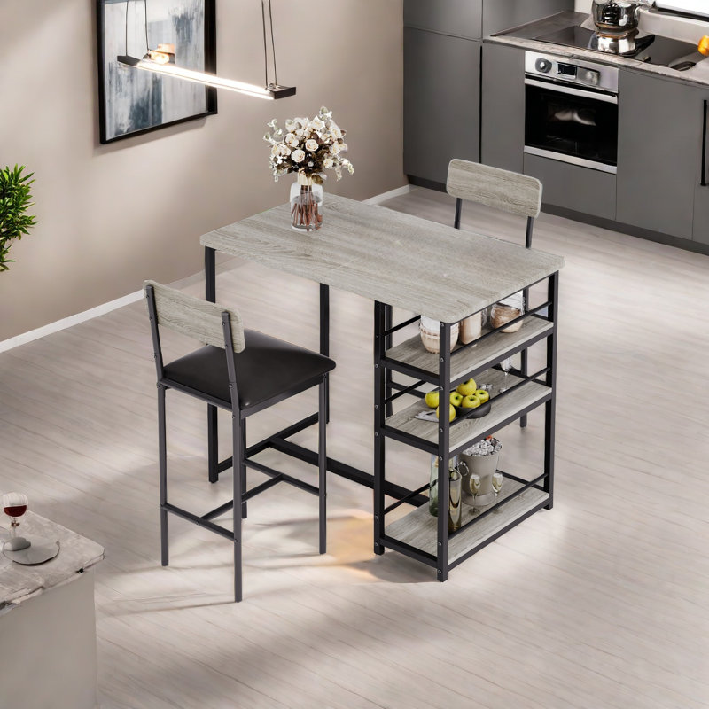 Ensemble de table de salle à manger 3 pièces, table de salle à manger avec support à vin et 2 chaises, ensemble de salle à manger pour économiser de l'espace