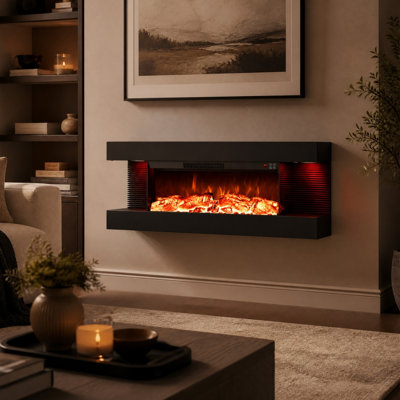 Cheminée électrique murale à 3 côtés avec manteau flottant, Wi-Fi et 12 couleurs de flamme, noire