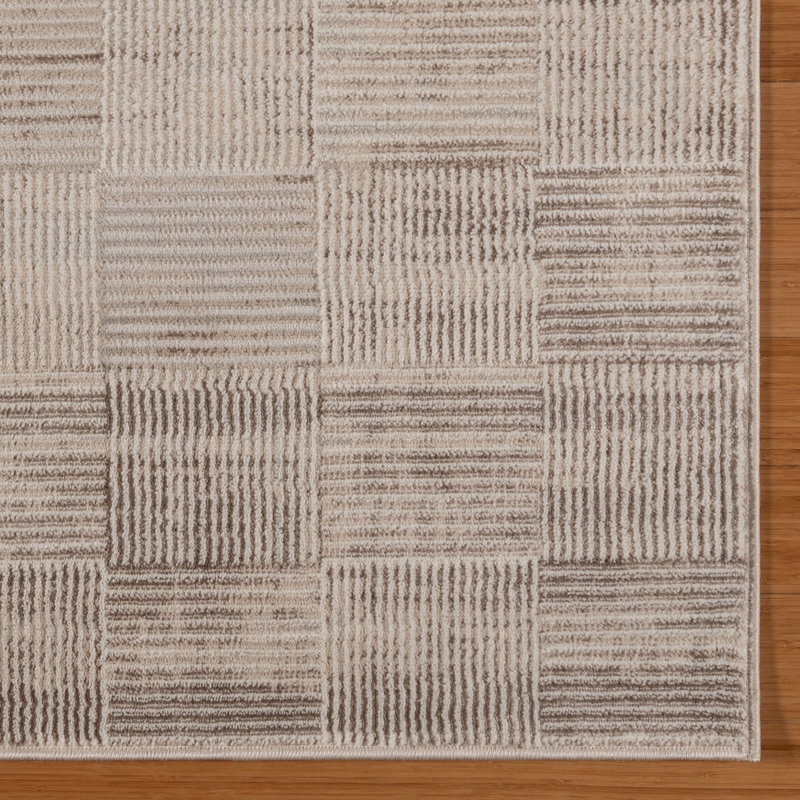 Checkered High-Low Indoor Area Rug, Beige Cream Gold Modern Geometric Textured Polyester – Migliore Lyla