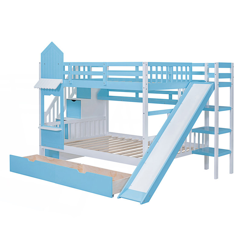 Lit superposé double de style château avec 2 tiroirs, 3 tablettes et glissade, Bleu