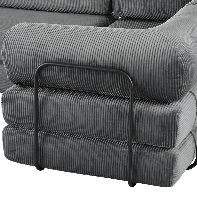 Canapé-lit modulaire en L en velours côtelé, Polyester gris