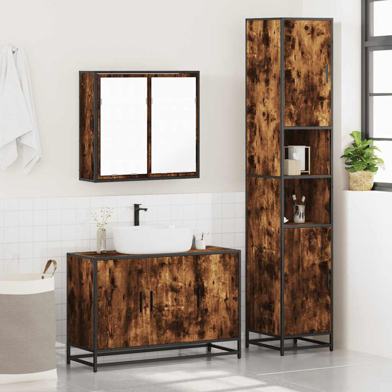 3 Piece Bathroom Furniture Set Engineered Wood, Dark Wood