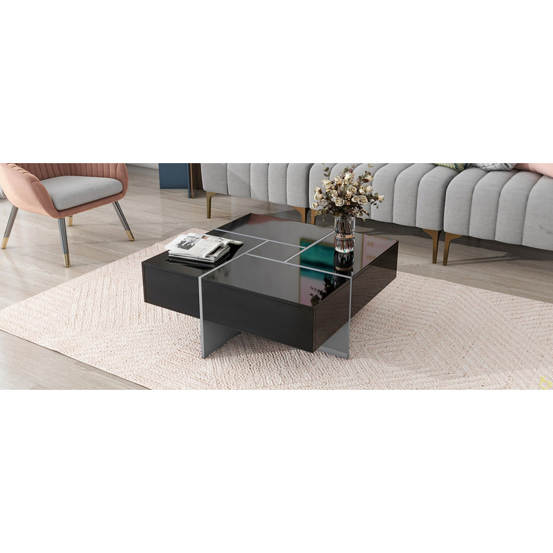 Coffee Table With 4 Hidden Storage Compartments, Square Cocktail Table With Extendable Sliding Tabletop