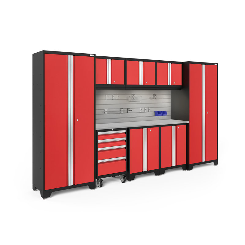 Ensemble de 9 armoires de rangement Bold Series H 76,75 po x l 132 po x P 18 po, Rouge, Acier inoxydable