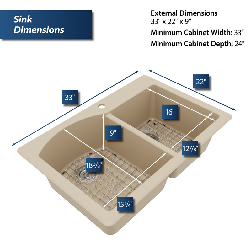 Karran Quartz 33'' X 22'' Double Bowl 60/40 Top Mount Drop-in Kitchen Sink Kit, Bisque