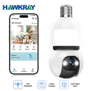 Caméra de sécurité à ampoule Hawkray - WiFi 5G / 2,4G, 2k couleur jour et nuit, installation facile, détection de mouvement et vision nocturne en couleur pour une utilisation intérieure / extérieure