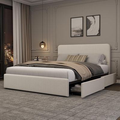 Grand lit plateforme tapissier avec tête de lit et tiroirs de rangement, silencieux