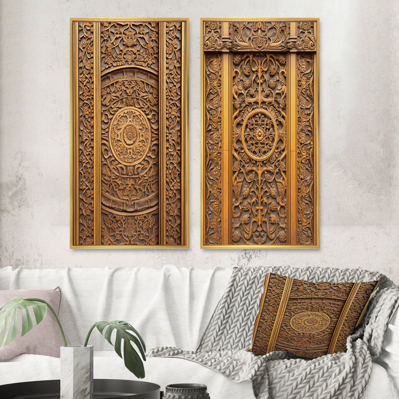 Vieille porte en bois sculpté V - ensemble d'art mural floral de porte de ferme de 2 pièces, Encadrement doré