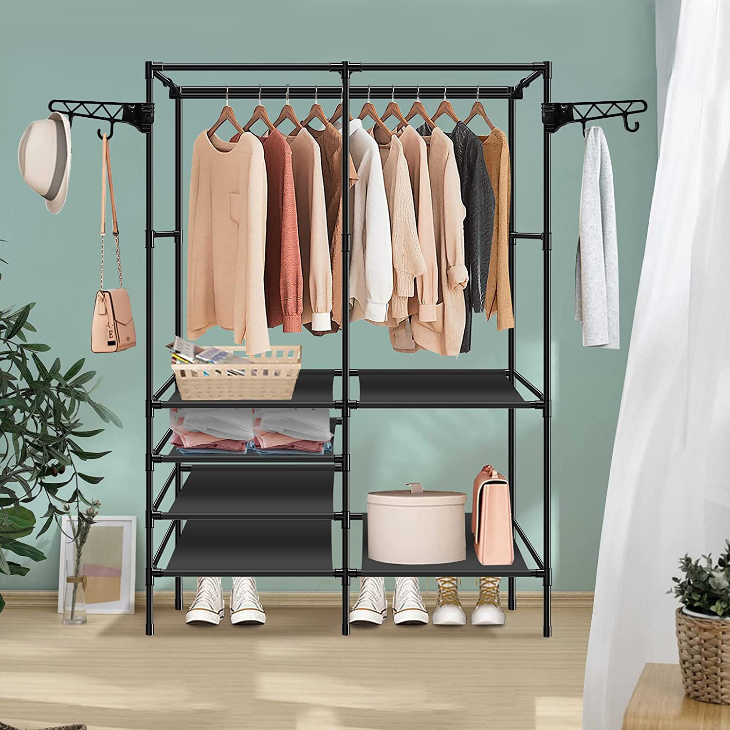 Symple Stuff Clothes Rail With 6Tier Storage Shelf 2 Hooks,Tidy Rails