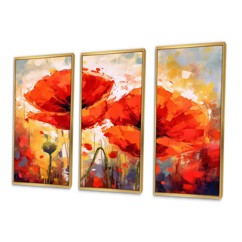 «Vibrant Red and Yellow Poppy Field Dreams», ensemble d'art sur toile coquelicots, Cadre flottant doré