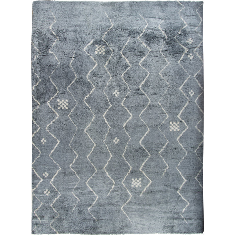 Hand Hooked Geometric Area Rug in Blue