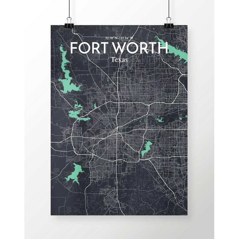 Fort Worth City Map - Unframed Graphic Art Print on Paper, Blue/Yellow, 43.2cm H x 27.9cm W x 0.1cm D
