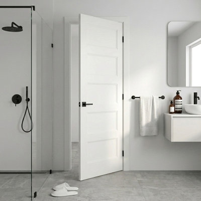 Porte intérieure pré-suspendue 32 po x 80 po à gauche avec ensemble de poignées démontables et charnières noires mates, porte intérieure à 5 panneaux creux avec alésage et charnière pour porte de salle de bain, garde-manger, porte intérieure de buanderie