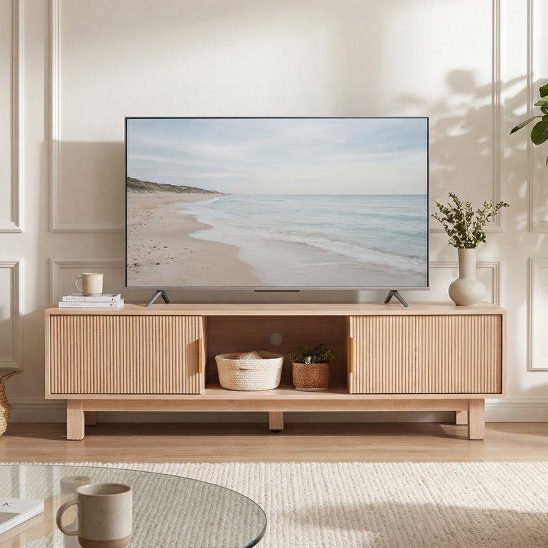 59"W Fluted TV Stands For Tvs Up To 65" With Power Outlets & Storage Compartments, Natural