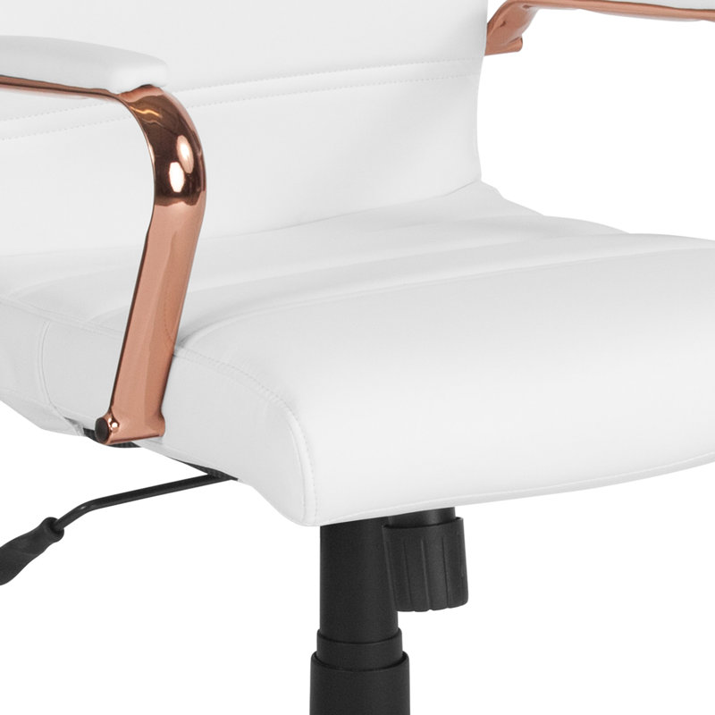 Whitney Ergonomic Upholstered Mid-Back Swivel Office Chair, Rose Gold, White Faux Leather