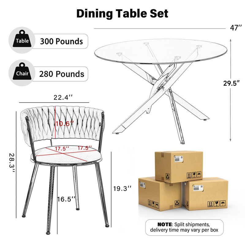 Modern Round Pedestal Dining Set with Weaven Velvet Dininig Chair, 5, Black, Gold