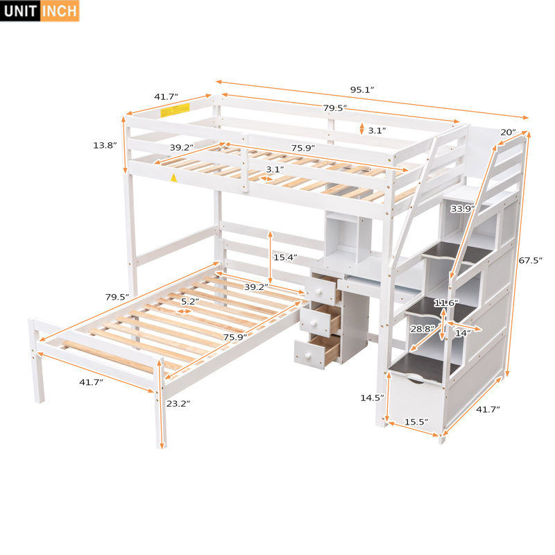  Lit mezzanine simple avec lit inférieur autonome, rangement pour escalier, bureau et tablettes de présentation, blanc, Blanc