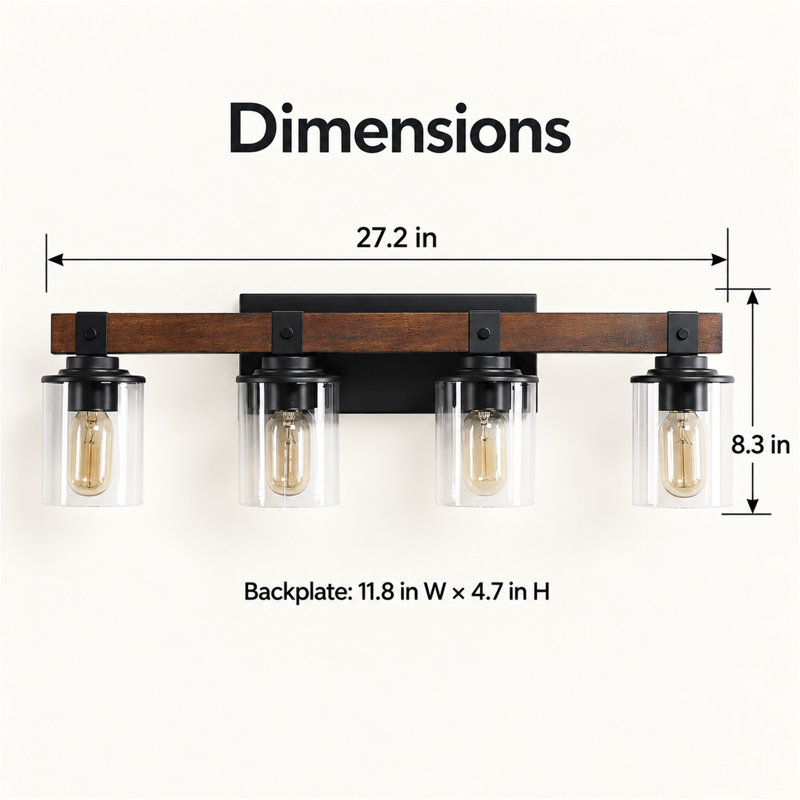 Applique murale rustique à 4 lumières avec accents en noyer et abat-jour en verre transparent, 4-Light