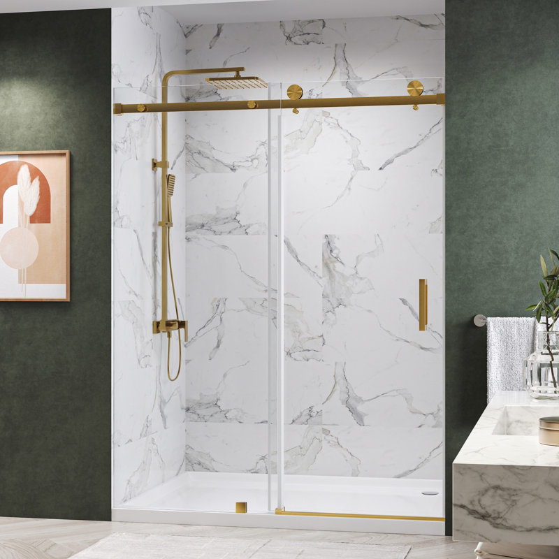 KW03 56 - 60 In. W X 76 In. H Single Sliding Frameless Shower Door With 3/8 In. Clear Glass, Gold