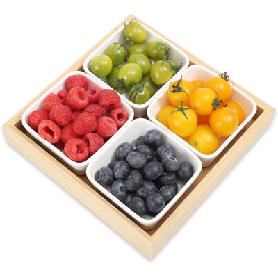 Ensemble de bol à collation en céramique et plateau en bambou, bols et assiettes de service compartimentés, adaptés aux banquets et aux rassemblements, assiettes de service amovibles, pouvant contenir des croustilles, trempette, fruits, légumes, bonbons et collations, décoration de cuisine (4)