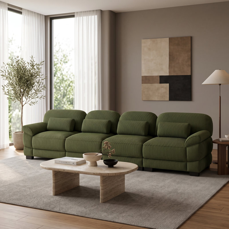 Canapé modulable 4 places vert en velours côtelé à larges côtes, avec assises profondes et dossiers à coussins., 4 Seat