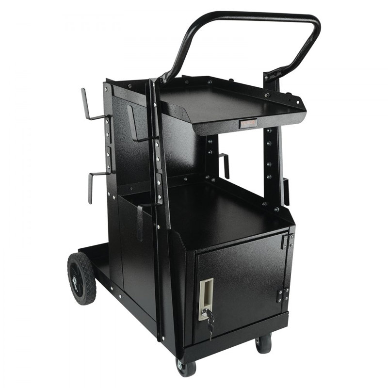 Chariot de soudage, chariot de soudage robuste à 2 niveaux avec armoire verrouillable anti-vol, capacité de poids de 265 lb, roues pivotantes à 360 °