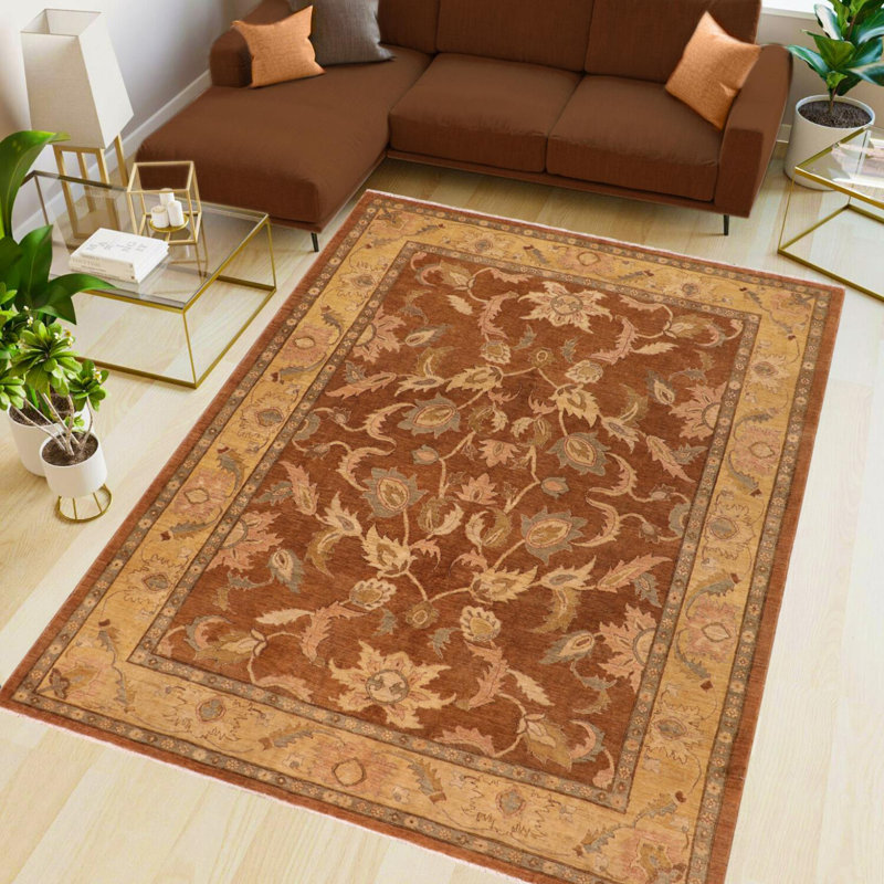 Tapis brun / beige en laine noué à la main de style oriental rectangulaire 8 pi 3 po x 10 pi Baccio