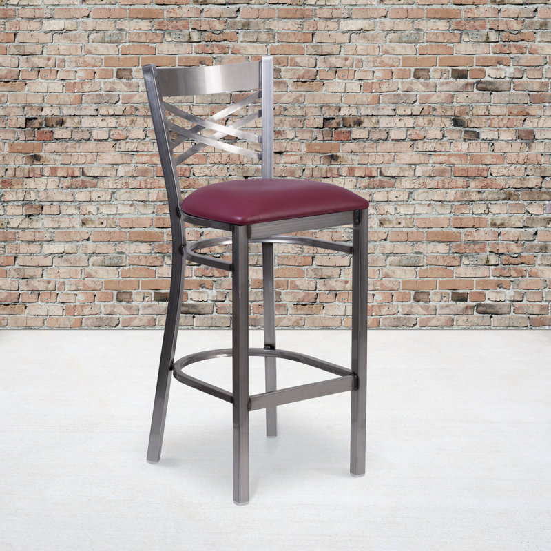 "X" Back Metal Restaurant Barstool, Burgundy, Silver, 1