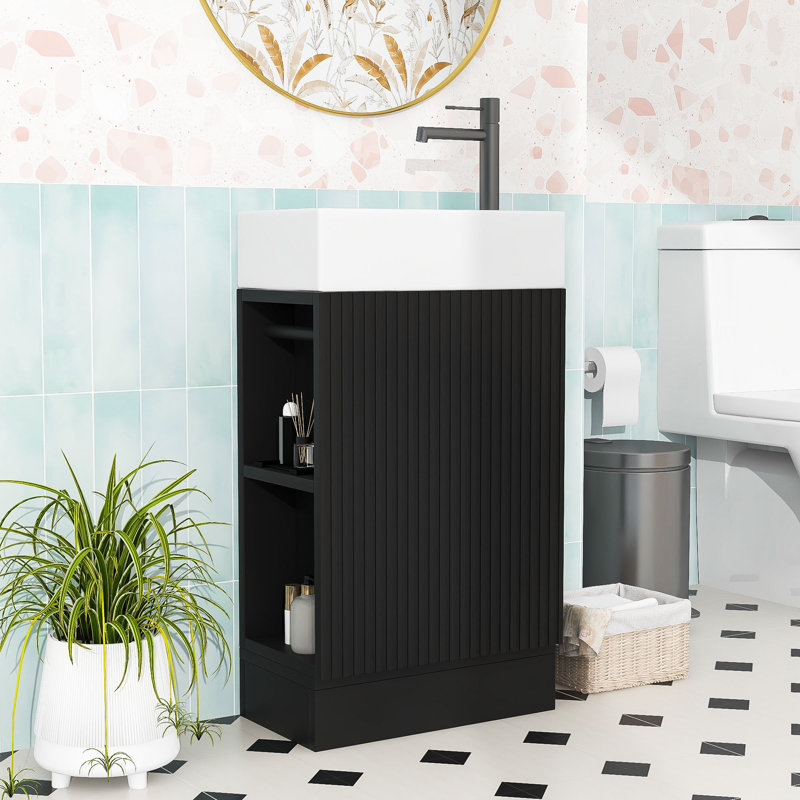 Meuble-lavabo en bois et tablette en céramique, Noir, noir, noir, noir