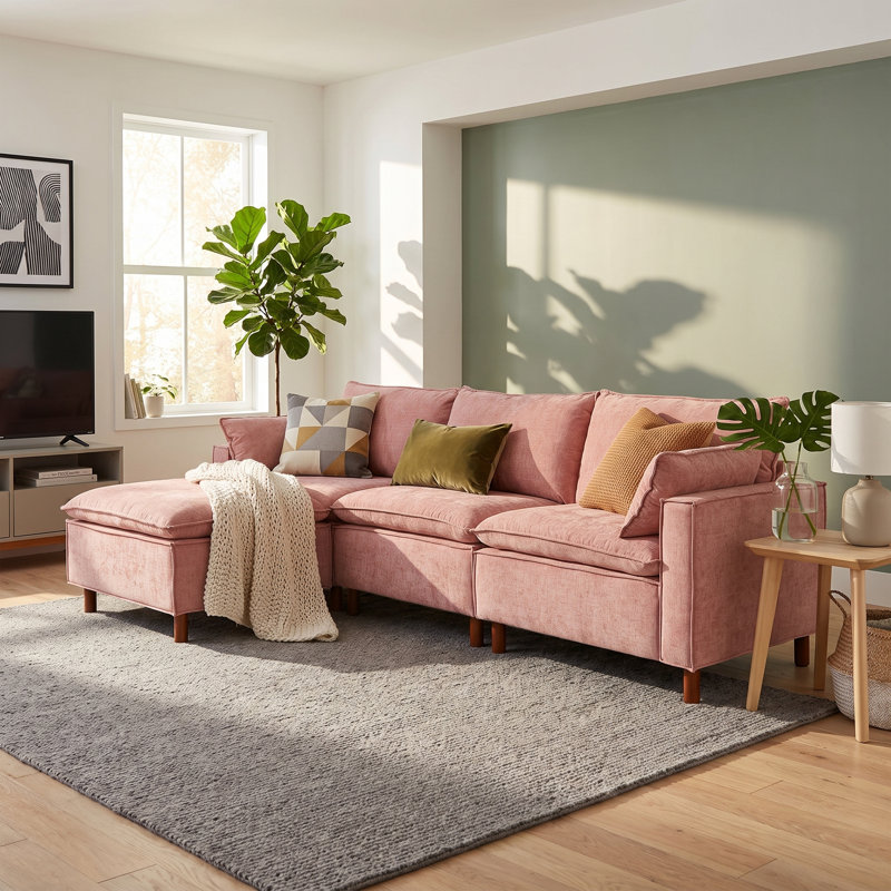 Canapé modulaire en L 108,5 po avec repose-pieds mobile, canapé-lit en chenille rembourré 3 places avec ressorts ensachés pour le salon, l’appartement et les grands espaces
