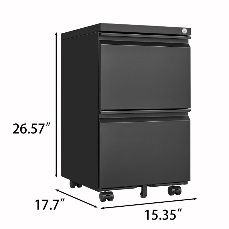 Metal 2 Drawer Mobile File Cabinet With Lock, Black