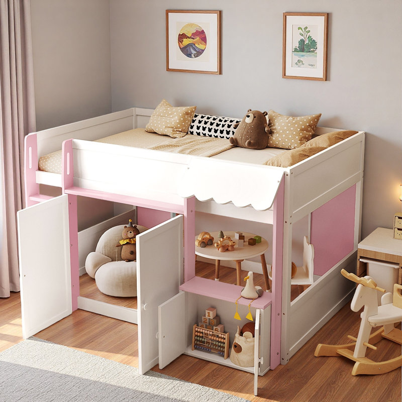 Lit mezzanine moderne avec maisonnette et rangement, Rose
