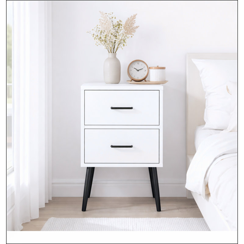 2-Drawer Nightstand With Metal Legs And Handles, Modern Minimalist Design For Compact Spaces