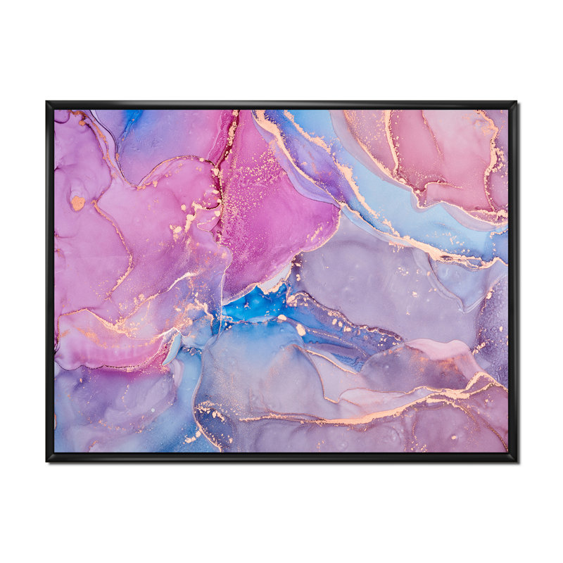 Rose et bleu liquide Art I - reproduction d'art moderne sur toile, H 24 po x l 32 po, Cadre flottant noir