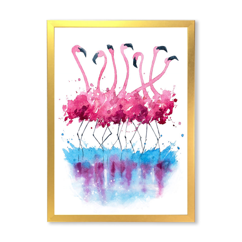 " Pink Flamingos On Blue Water " Painting Print, Gold Closed Corner Frame Canvas, 20" H x 12" W x 1" D