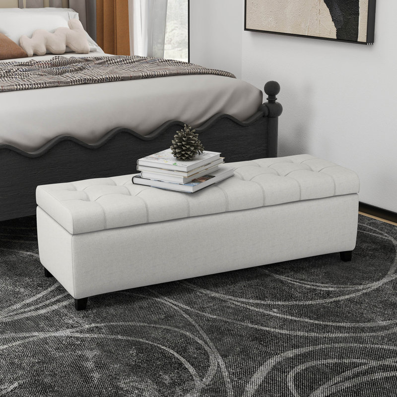 Banc de rangement capitonné en tissu, Blanc