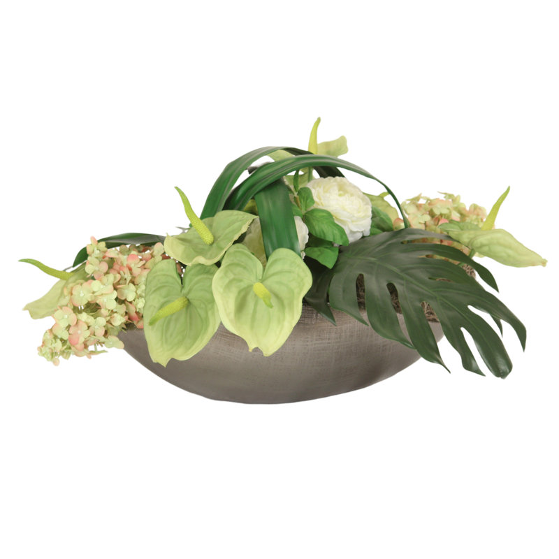 Anthurium, Ranunculus and Hydrangea Mixed Centerpiece in Plater