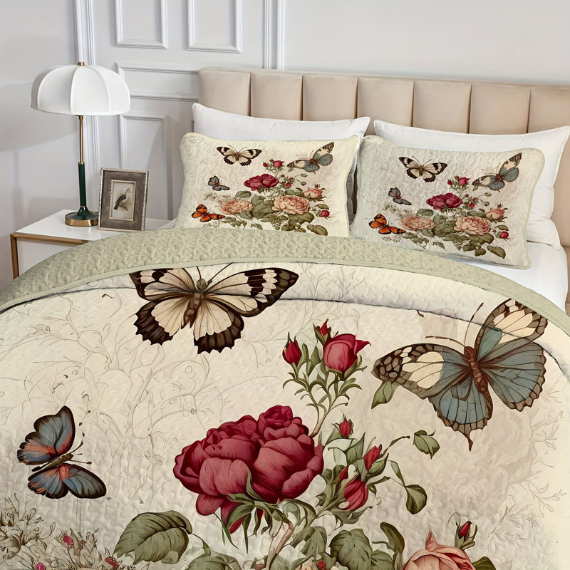 Bedspreads for Queen Size Bed ,3-Piece Floral Queen Quilt Sets, Beige Floral, Queen Quilt + 2 Standard Pillowcases