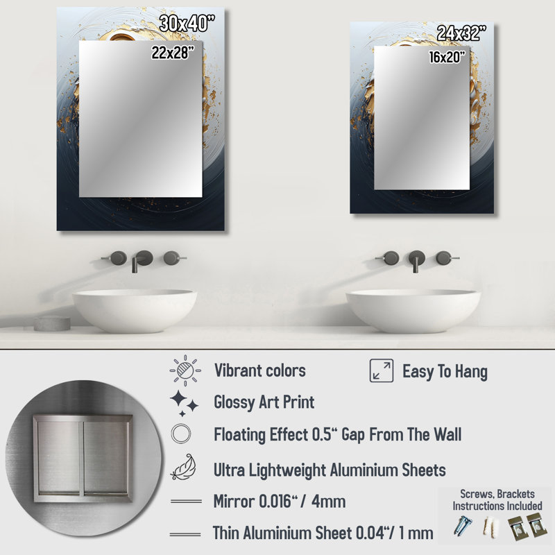 White Black Gold Cosmic Whirlpool IV - Abstract Spirals Mirror, Gold Decorative Wall Mirror, Printed Metal Art, 32" x 24"