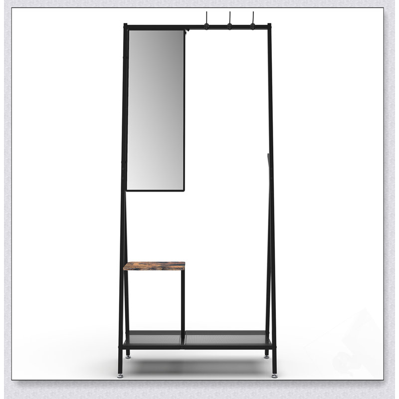 Industrial Style Coat Rack With Mirror And Shoe Storage, Aluminum Frame For Living Room And Bedroom, Rustic Brown And Black