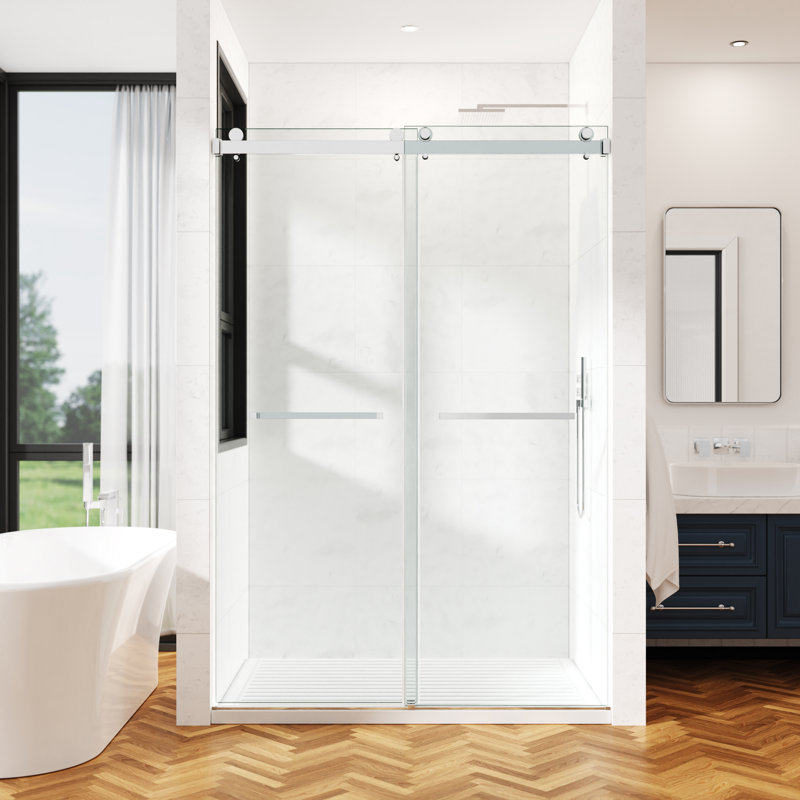 44-49" W x 72" H Frameless Double Sliding Shower Door with 3/8" (10mm) Clear Tempered Glass, Shatter-Resistant Film & Installation Hole Locator