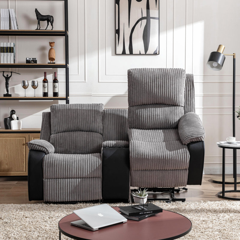 Mitrita 2 Seater Rise Recliner Upholstered Loveseat Sofa with Drinks Console, Dual Motor, Grey