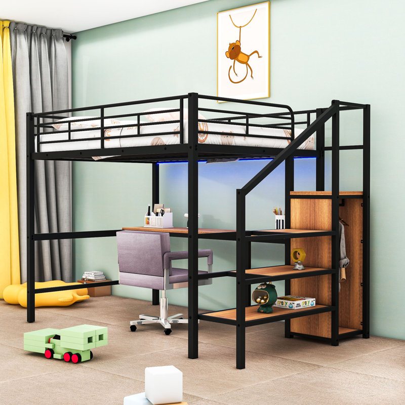 Full Size Metal Loft Bed With Built-In Desk, LED Lighting, Wardrobe And Storage Staircase, Black