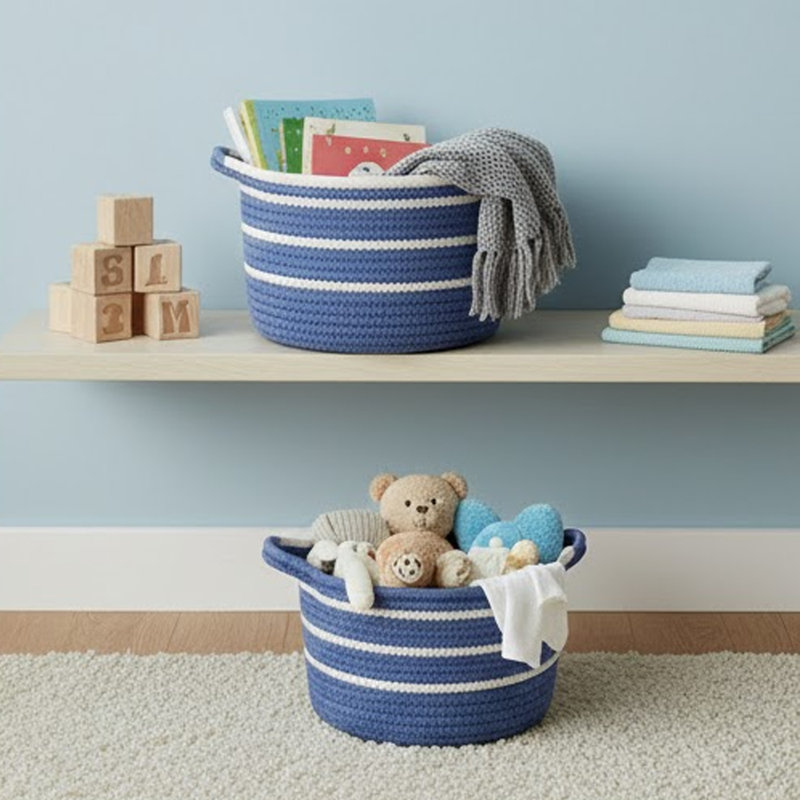 Tex Baskets With Integrated Handles Set Of 3, Blue, White Cotton 10,9,8 Inch