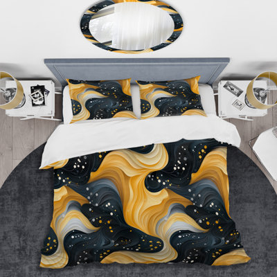 Ensemble de housse de couette en microfibre Yellow And Black Midcentury Waves Fusion I