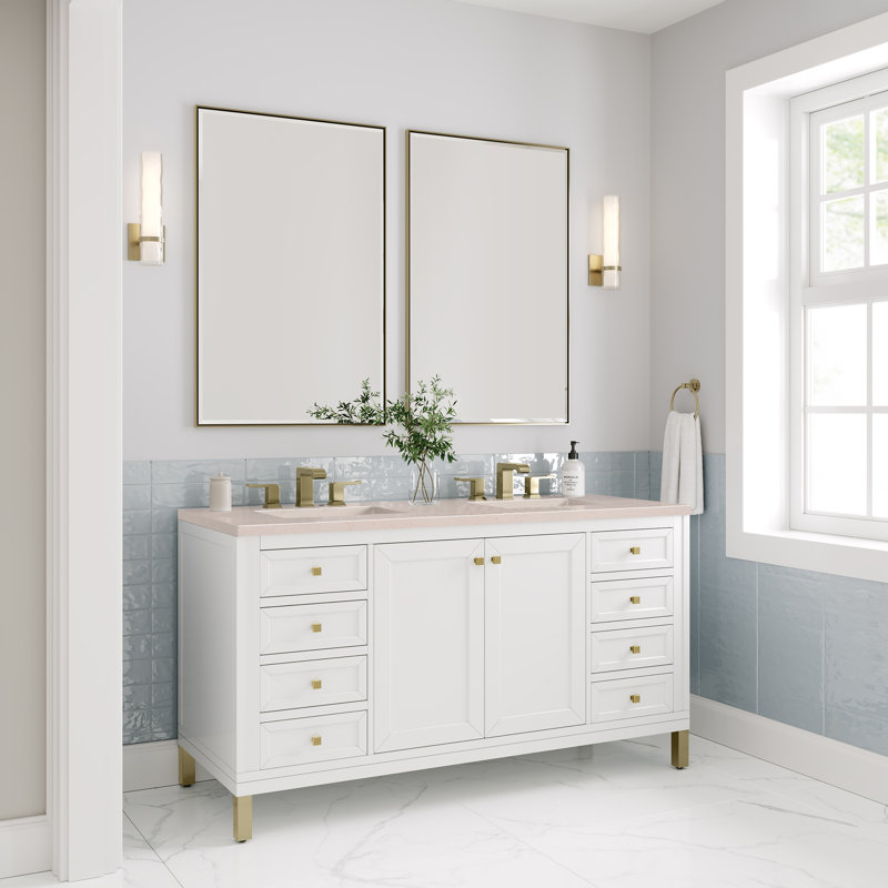 Chicago 60'' W Double Vanity, 8" Widespread, Eternal Jasmine Pearl, Glossy White